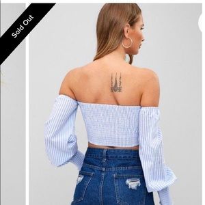 Smocked striped tie front blouse